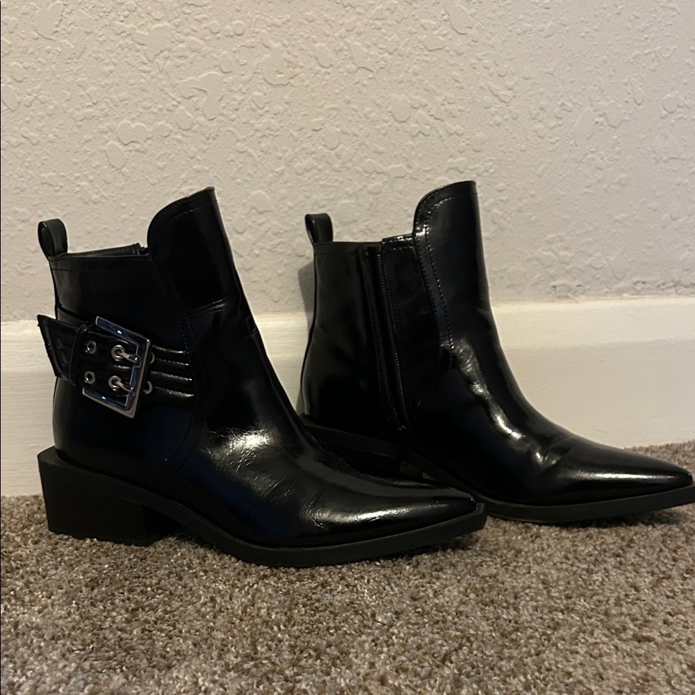 Black Pointed Toe Ankle Boots with Buckle